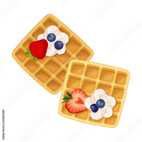 Square Shaped Waffle with Textured Surface and Whipped Cream with Berries Top View Vector Illustration