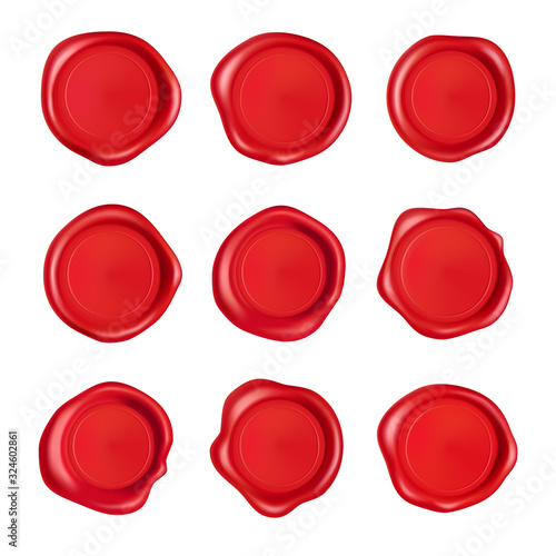 Wax seal collection. Red stamp wax seal set isolated on white background. Realistic guaranteed red stamps. Realistic 3d vector