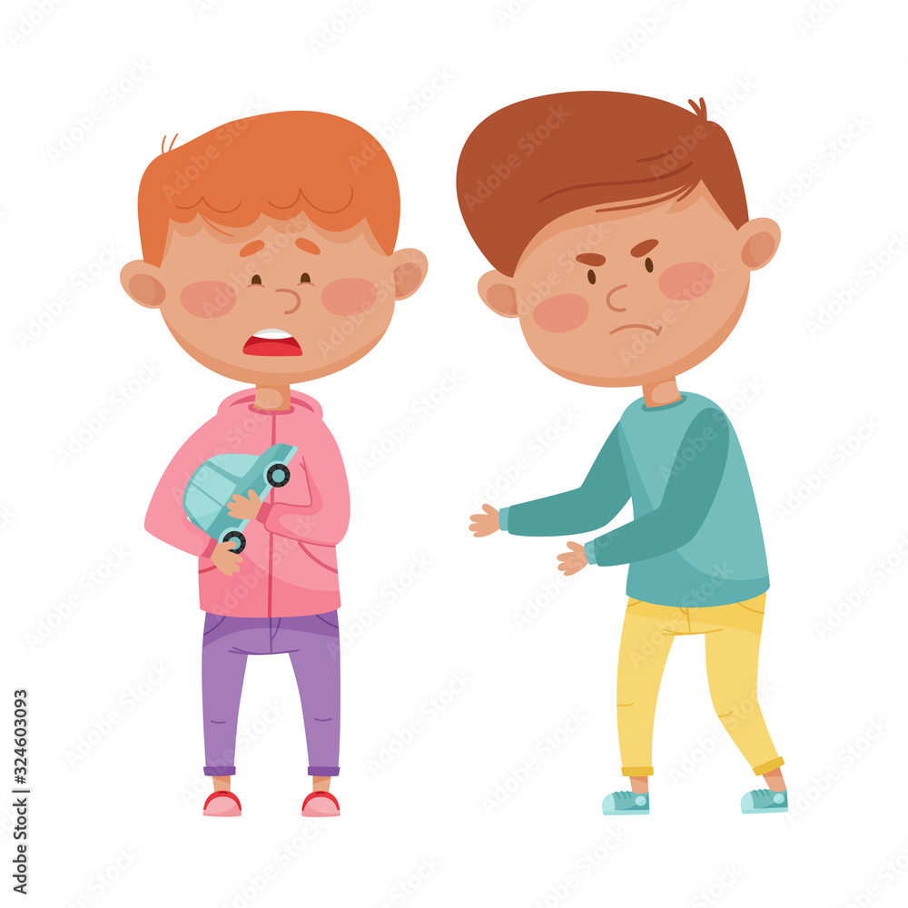 Little Boy with Aggressive Face Expression Going to Take Away Toy Car from His Agemate Vector Illustration Little Boy with Aggressive Face Expression Going to Take Away Toy Car from His Agemate Vector Illustration
