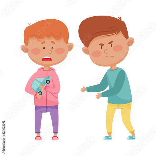 Little Boy with Aggressive Face Expression Going to Take Away Toy Car from His Agemate Vector Illustration