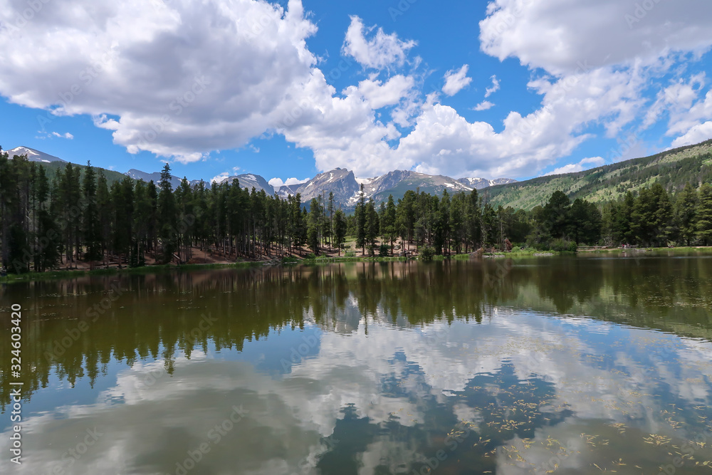 Landscape of Sprague Lake, cloud reflections, trees and mountains at Rocky Mountain National Park in Colorado