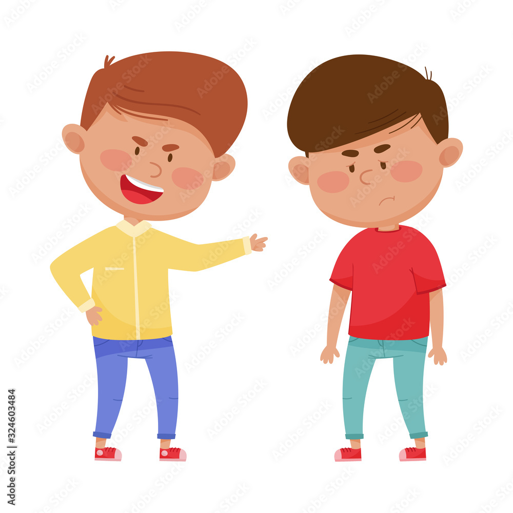 Little Boy Teasing and Laughing at His Agemate Vector Illustration