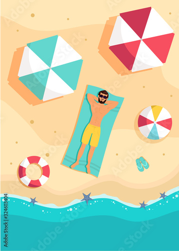 Tourist Man Lying On Beach Top Angle View Hello Summer Vacation Tropical Seaside Ocean Flat Vector Illustration.