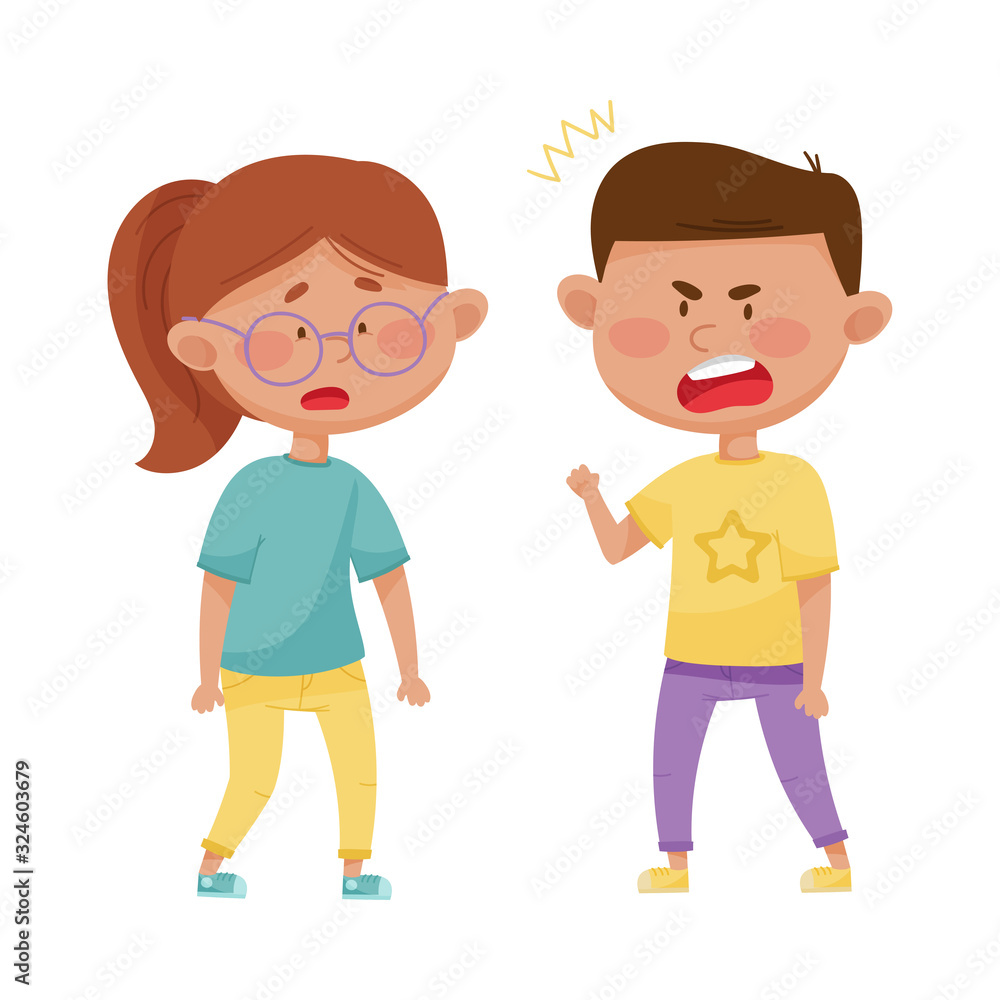 Little Boy with Angry Face Shouting at His Agemate Vector Illustration Little Boy with Angry Face Shouting at His Agemate Vector Illustration