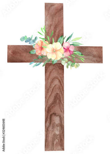  Watercolor illustration of a wooden cross with floral decor. Easter design.