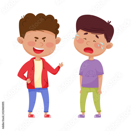 Little Boy Teasing and Laughing at His Crying Agemate Vector Illustration