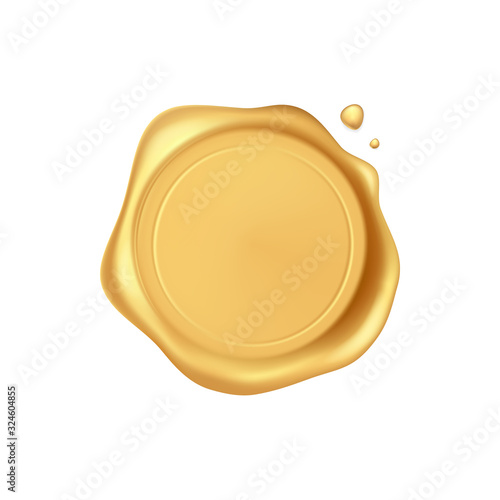 Wax seal. Gold stamp wax seal with drops isolated on white background. Realistic guaranteed golden stamps. Realistic 3d vector icon