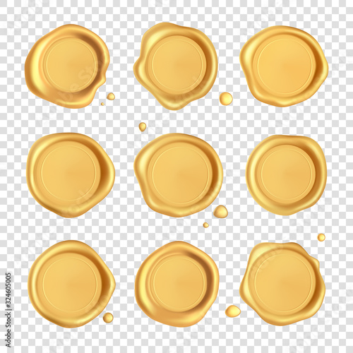 Wax seal collection. Gold stamp wax seal set with drops isolated on transparent background. Realistic guaranteed golden stamps. Realistic 3d vector photo