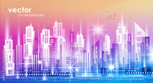 Vector night city illustration with neon glow and vivid colors.