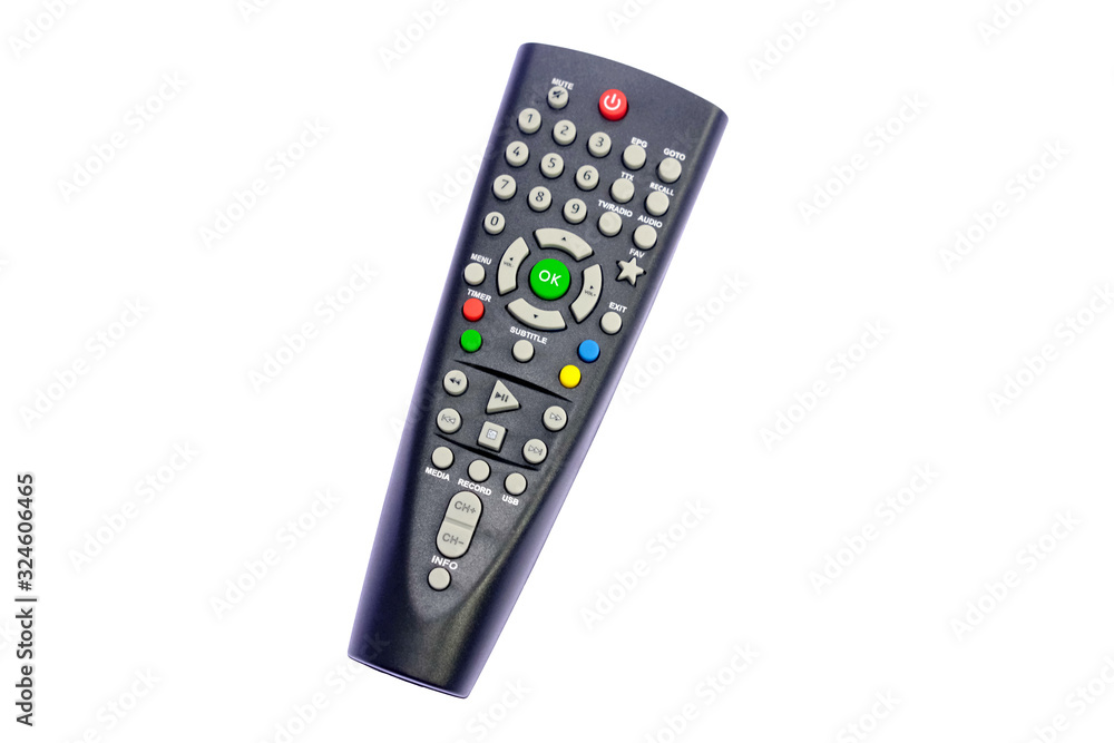one black, dark gray TV remote control channel switch, green OK button, on a light, white background with backlight one black, dark gray TV remote control channel switch, green OK button, on a light, white background with backlight
