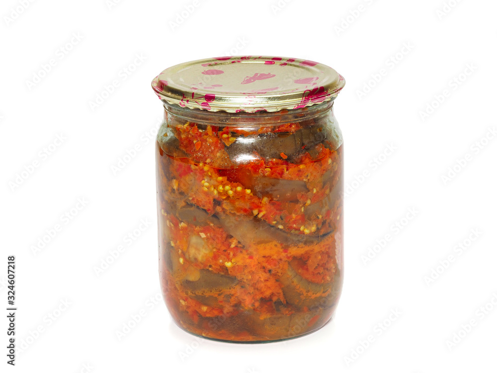 Canned eggplants in a jar isolated on white background Canned eggplants in a jar isolated on white background