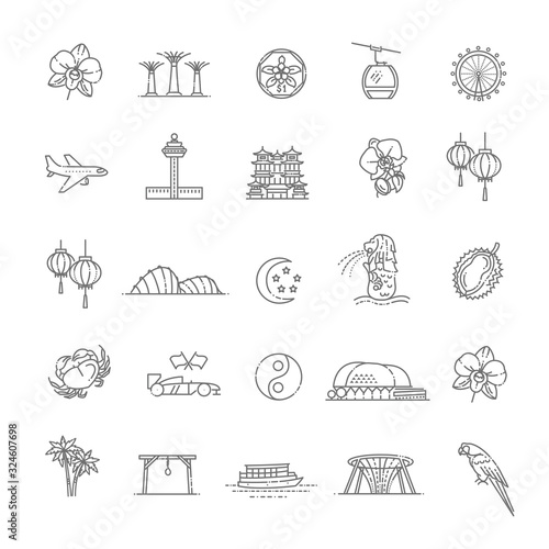 Singapore icon set, thin line icon. Singapore Symbols
