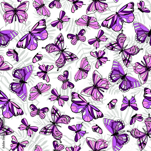 Seamless beautiful pattern with butterfly and leaves. Hand-drawn contour lines. Print for fabric, paper and background.