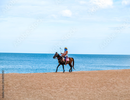 Man rides a horse at the beach 