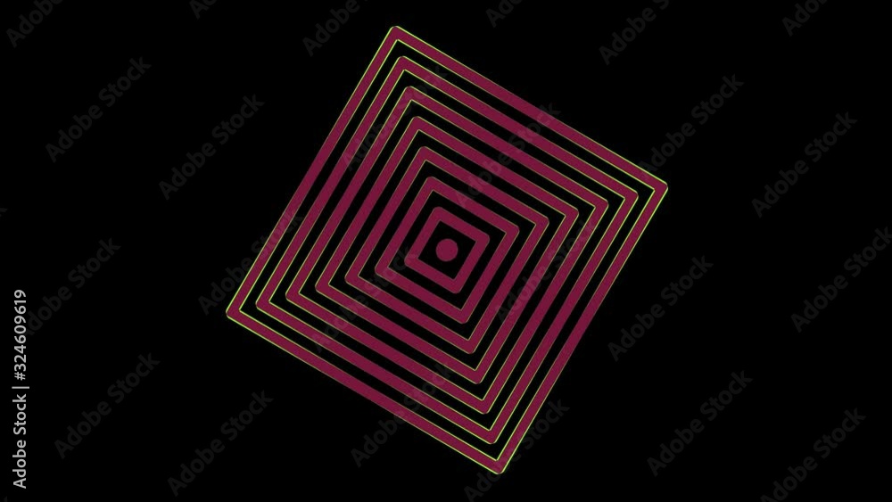 Colored graphic object on a minimal black background, which rotates clockwise reducing the size from full screen to zero, then returns to full screen. Colored graphic object on a minimal black background, which rotates clockwise reducing the size from full screen to zero, then returns to full screen.