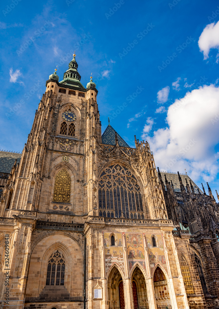 St. Vitus Cathedral against the sky in Prague, Czech Republic. View at the foot.