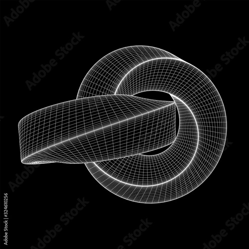 Mobius strip ring knot sacred geometry. Spatial figure with upturned surfaces. Optical illusion with dual circular contour. Wireframe low poly mesh vector illustration.