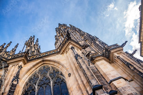 St. Vitus Cathedral against the sky in Prague, Czech Republic. View at the foot.