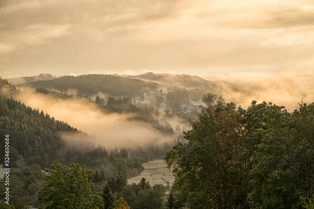 Schwarzwald Tal_Abendstimmung_Nebel beleuchtet
