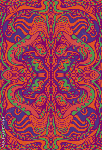 Vintage psychedelic hippie colorful background. Abstract pattern with maze of ornaments.