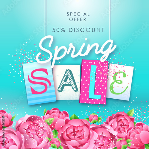 Spring sale typography poster with full blossom pion flowers. Spring background