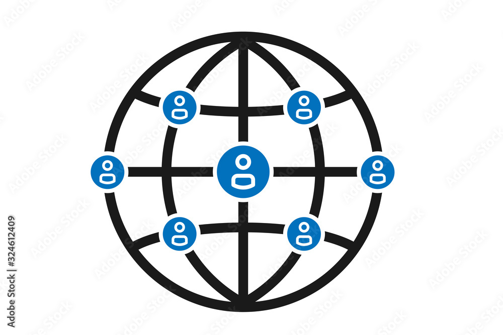 global connect icon, Earth globe with people icon vector (blue version) global connect icon, Earth globe with people icon vector (blue version)