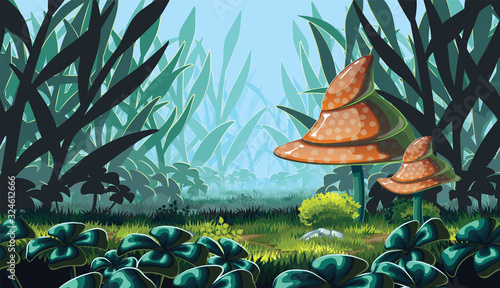 Horizontal background of landscape with deep mushroom forest.