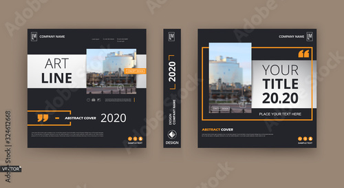 Abstract patch brochure cover design. Black info data banner frame. Techno title sheet model set. Modern vector front page art. Urban city blurb texture. Yellow citation figure icon. Ad flyer text