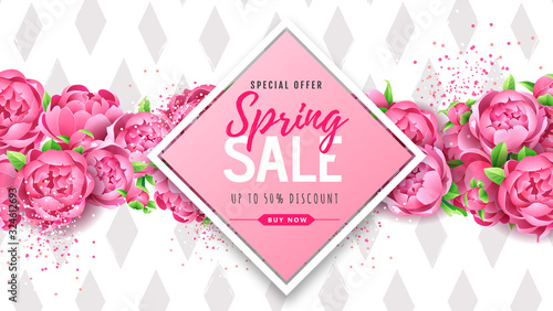Spring sale poster with full blossom pion flowers. Spring flowers background