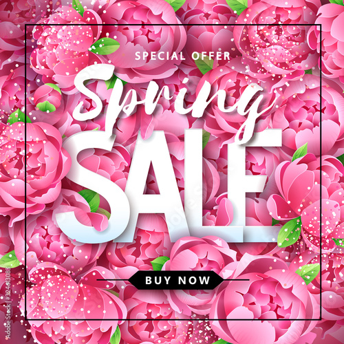 Spring sale poster with full blossom pion flowers. Spring flowers background
