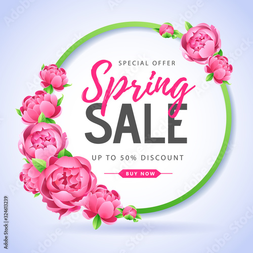 Spring sale poster with full blossom pion flowers. Spring flowers background