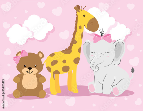 cute teddy bear female and elephant with giraffe vector illustration design