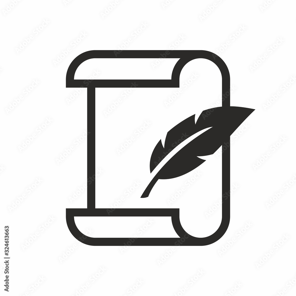 Paper scroll and ink pen icon. Vector icon isolated on white background. - obrazy, fototapety, plakaty 