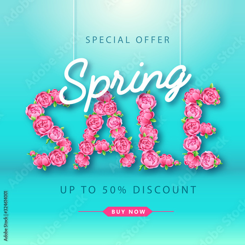 Spring sale typography poster with full blossom pion flowers. Spring background