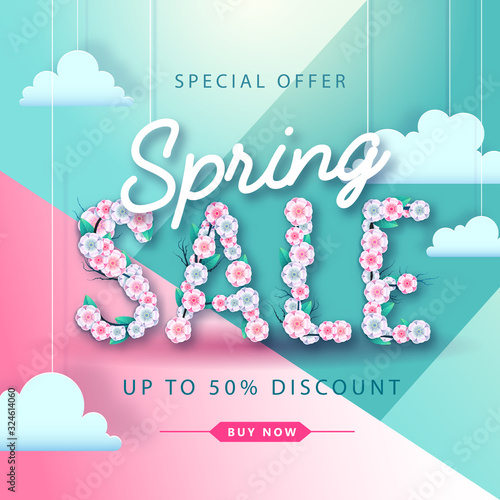 Spring sale typography poster with full blossom flowers. Spring background