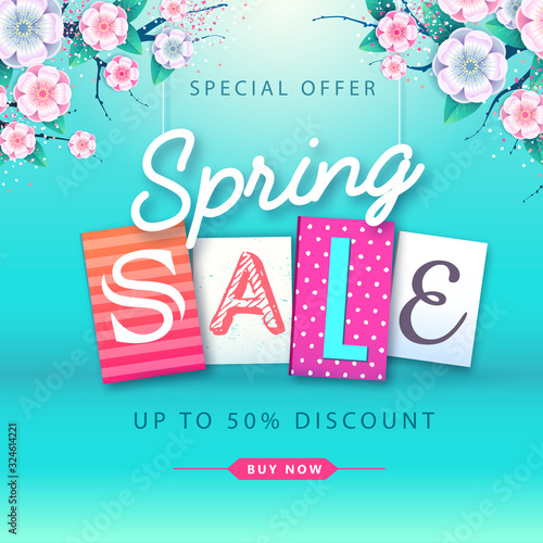 Spring sale typography poster with full blossom flowers. Spring background