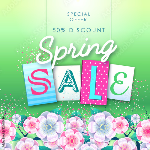 Spring sale typography poster with full blossom flowers. Spring background