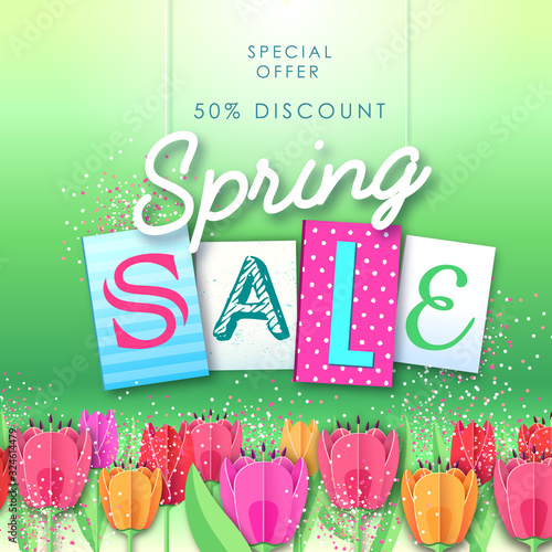 Spring sale typography poster with full blossom flowers. Spring background