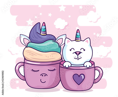 cute cup unicorn and cat in cup kawaii style vector illustration design