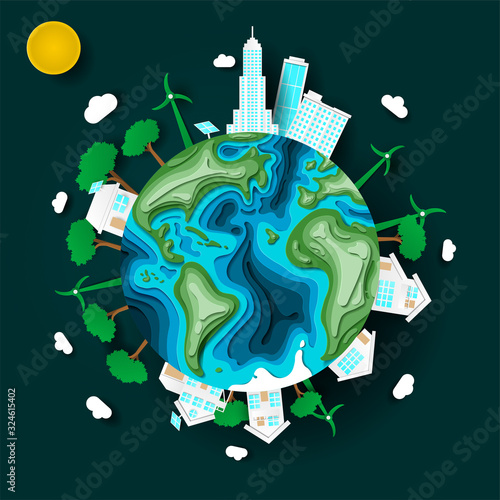 Green sustainable city with wind turbines and solar cells. Power saving, save the planet, earth day, renewable energy resources concepts. Vector illustration in paper cut origami style with 3D effect.