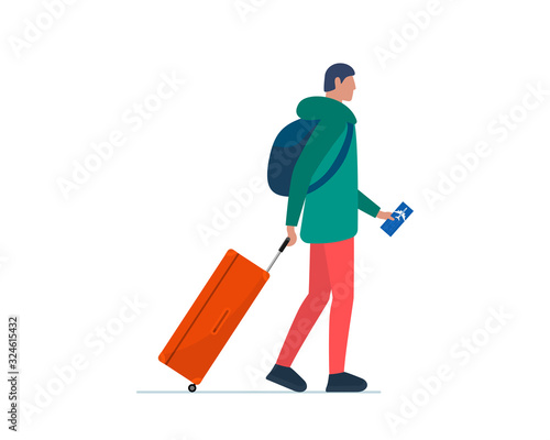 Young man traveler walking with suitcase and flight ticket. Male millennial with luggage bag and backpack go boarding to plane. Tourist passenger journey vacation concept vector illustration