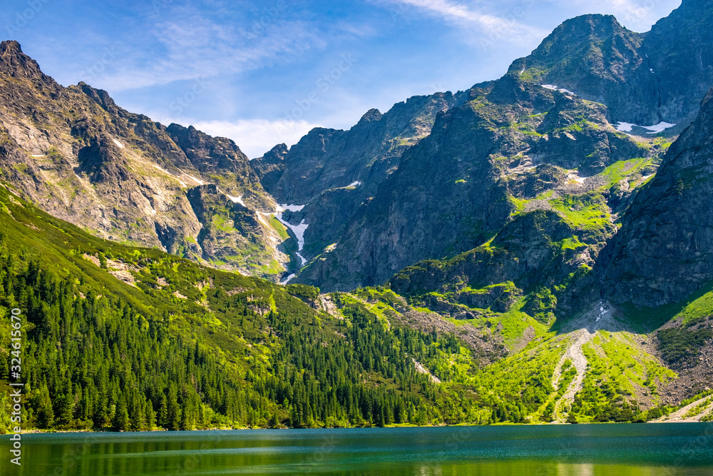 Panoramic view of Morskie Oko lake with Tatra Mountains peaks - Zabia Turnia, Wolowy Grzbiet, Kazalnica, Rysy, Mieguszowieckie Szczyty and Czarny Staw pod Rysami, Black Pond at Rysy - in background