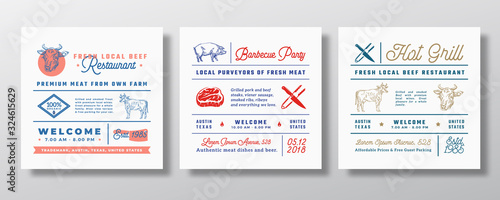 Pork Barbecue Grill Party or Beef Restaurant Signs, Titles or Menu Decoration Elements Set. Retro Typography Layouts Bundle with Hand Drawn Pig and Cow Illustrations. Vintage Label Templates.