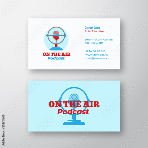 Podcast Radio Show Abstract Vector Sign, Symbol or Logo Logo and Business Card Template. Vintage Style Microphone with Retro Typography. Premium Stationary Realistic Mock Up.