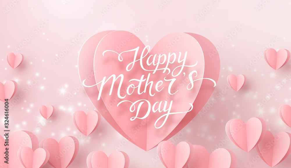 Postcard with flying paper hearts on pink background. Vector symbols of love and white glowing lights for Happy Mother's Day greeting card design..
