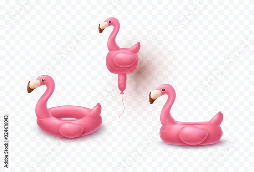 Pink inflatable swimming pool rings and balloon isolated on transparent background. Vector 3d float flamingo set. Summer beach or pool toys..
