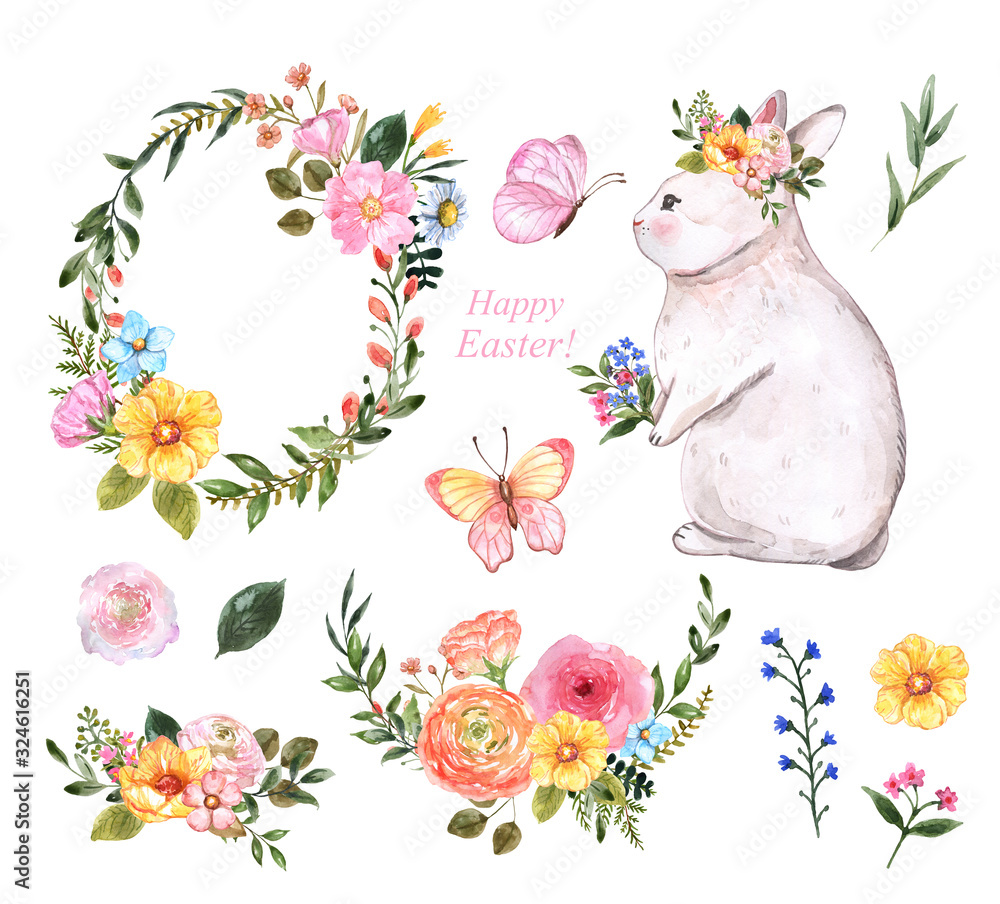 Fototapeta Happy Easter elements set. Watercolor cute rabbit, bright spring flowers, wreath, bouquets and butterflies, isolated on white background. Symbols of spring holiday. Hand drawn illustration