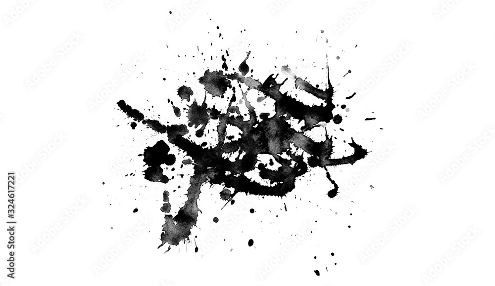 Black Abstract watercolor blots on white background.