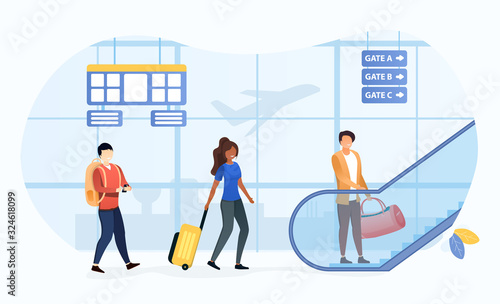 Passengers with luggage walking down a passage in an airport terminal with escalator to the floor above, vector illustration