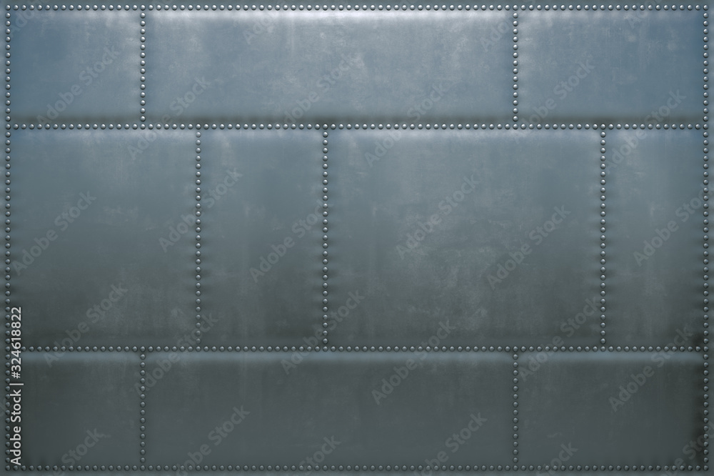  3d image of the metal skin of an airplane with rivets. Steel background from the plates.